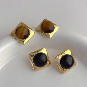 Vintage Geometric Square Copper Stud Earrings With Tiger Eye Stone Resin Real Gold Plated Hammered Texture Jewelry For Women