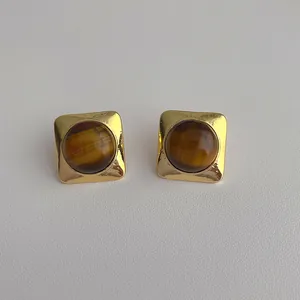 Retro geometric gold earrings with square hammered texture and tiger eye stone
