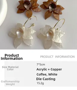 Details von französischen Retro-Acryl-Blumenohrringen mit Maßen und Produktdaten