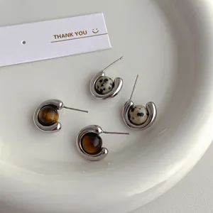 Minimalistische Natürliche Tigerauge Dalmatiner-Stein C-förmige Ohrringe Mit 925 Sterlingsilber Ohrstecker-Stift Kupfer Kleine Ohrstecker Damen Schmuck