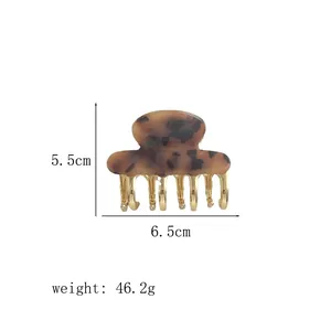 Detail view of acetate leopard print hair claw with dimensions 5.5cm height and 6.5cm width