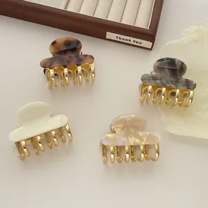Vintage Acetate Alloy Hair Claw Clip For Women Leopard Marble Pattern Elegant Gold Plated Hair Clamp Strong Hold Accessories