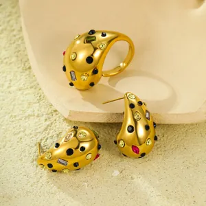 Bijoux en Acier Inoxydable Plaqué Or 18K Zirconia Coloré Goutte d'Eau Femme Boucles d'Oreilles Clous Bague Dôme