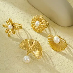 Vintage Stainless Steel Ginkgo Leaf Sunflower Artificial Pearl Scarf Ring Dual Use Finger Ring Gold Plated Scarf Buckle Women Jewelry