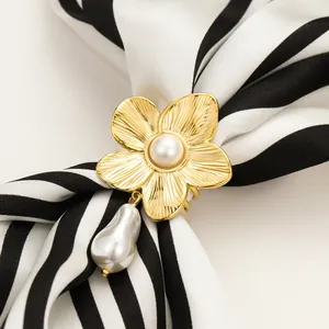 Golden flower scarf buckle ring with baroque pearl drop and brushed texture finish