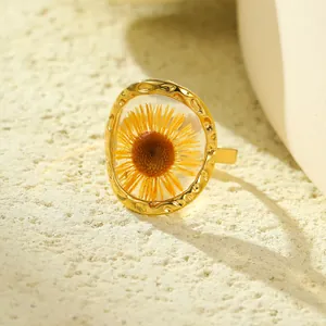 18K gold plated stainless steel ring with real sunflower preserved in resin setting