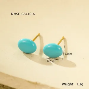 Macro view of 18K gold-plated turquoise stone stud earrings with size and weight detail