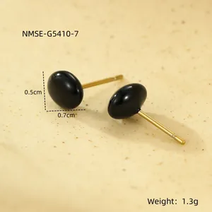Detailed view of 0.7cm black enamel stud earrings with 18K gold plating and sizing specs