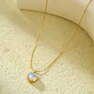 18K gold plated heart necklace with iridescent moonstone pendant on minimalist box chain