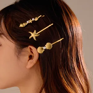 Three-piece gold stainless steel hair clip set with starfish shells and pearls