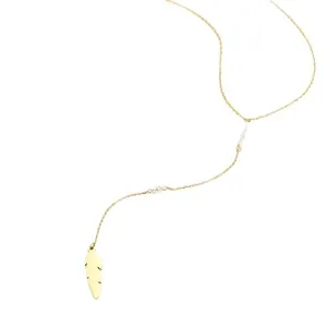 Elegant gold stainless steel Y-necklace with leaf pendant and white pearl beads accents