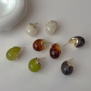 French Retro Resin Waterdrop Stud Earrings With 925 Sterling Silver Earring Post Gold Edged Marble Texture Ear Jewelry For Women