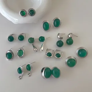 Vintage Nische Design Grüner Achat Kupfer Ohrringe Mit 925 Sterlingsilber Stift Geometrische Ohrstecker Hängeohrringe Für Damen Schmuck