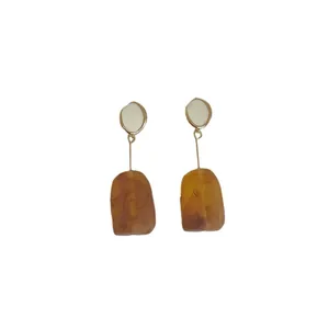 Vintage geometric amber resin long drop earrings with white enamel and gold metal details