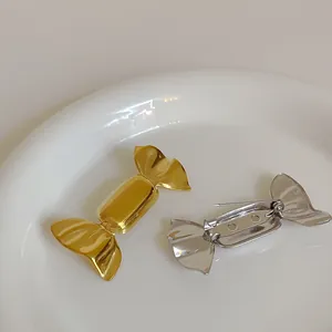 Stainless Steel Candy Shape Brooch Pin Gold Silver Minimalist Metallic Badge For Women Men Cute Clothing Jewelry Accessories