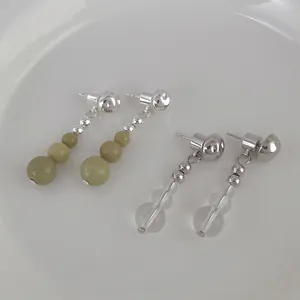 Avocado green natural stone and clear beaded drop earrings with S925 silver needles