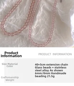Detailed size and material specs for pink glass bead necklace with stainless steel chain