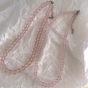 Women Sweet Pink Glass Beaded Necklace Simple Stainless Steel Clavicle Chain Jewelry Cherry Blossom Style Fashion Accessory