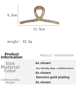 Detailed dimensions of champagne gold alloy hair claw with zircon and pearl accents
