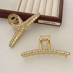 Luxury Alloy Zircon Hair Claw Clip For Women Gold Plated Champagne Rhinestone Elegant Shark Clip Hair Styling Accessory