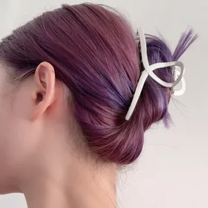 Elegante mat zilveren minimalistische metalen haarklem getoond op paars haar