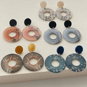 Neo-Chinesische Vintage Runde Acryl Ohrhänger Für Damen Orientalische Bambus Blumenmuster Ethnische Mode Schmuck
