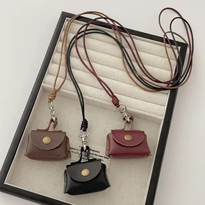 Vintage Mini Leather Coin Purse Necklace For Women Handmade Earphone Storage Case Pendant Long Adjustable Neck Bag