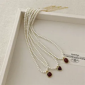 French Vintage Imitation Artificial Pearl Necklace Gold Plated Alloy Choker Deep Red Heart Square Oval Synthetic Stone Pendant Jewelry For Women