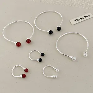 Minimalist Copper Alloy Open Bangle Ring Set With Red Black Agate Artificial Pearl Elegant Adjustable Jewelry For Women Daily Office