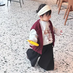Close-up of kids burgundy vest and gray sweatshirt set with cute cartoon dog print