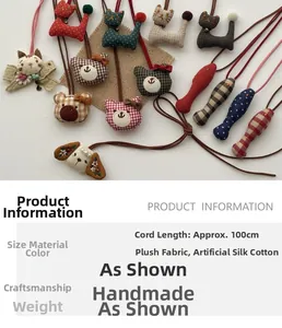 Detail view of handmade plush cartoon animal charms with dimensions and material specs