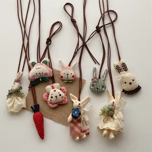 Cute Cartoon Plush Rabbit Cloth Pendant Necklace For Kids Women Forest Style Animal Bag Ornament Handmade Fabric Jewelry