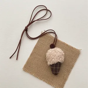 Handmade plush ice cream pendant necklace with beige lamb wool and brown checkered fabric