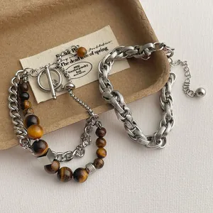 Retro Edelstahl Tigerauge Stein Doppelschichtiges Armband Für Damen Herren Vintage Industrieller OT Verschluss Kordelkette Schmuck