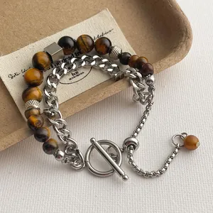 Zweilagiges Tigerauge-Stein und Edelstahlkette Armband mit modischem OT-Verschluss