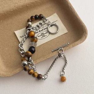 Vintage doppellagiges Tigerauge Steinarmband mit Metall-OT-Verschluss für Damen und Herren