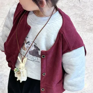 Kids corduroy vest and cartoon sweatshirt outfit with cute plush rabbit necklace charm