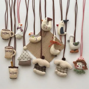 Handmade Cartoon Fabric Animal Plush Pendant Necklace For Kids Cute Duck Coffee Cup Bag Hanging Ornament Jewelry Gift