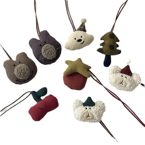 Plush cartoon bear and cherry pendants in Morandi colors with sheep wool texture