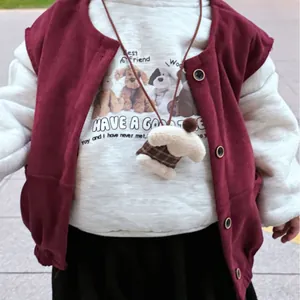Kids corduroy vest and white sweatshirt set with cartoon animals and plush duck necklace