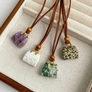 Tiger eye and amethyst handbag pendant necklace with wood beads and brown cord