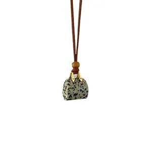 Dalmatian Jasper handbag pendant necklace with brown cord and gold-tone metal accents