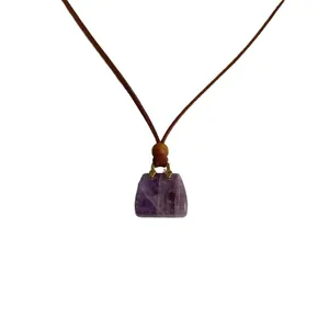 Creative handbag pendant necklace with purple gemstone and brown cord for women