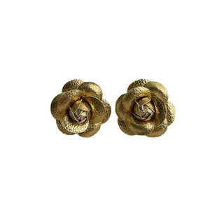 Elegant gold fabric rose earrings with layered camellia petals and s925 silver needle post