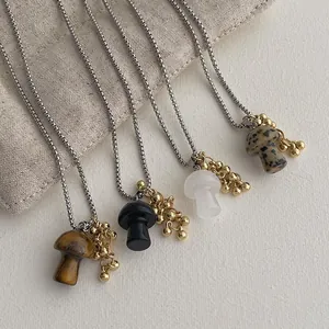 Multi-stone mushroom pendant necklaces with gold beads on silver chains for women