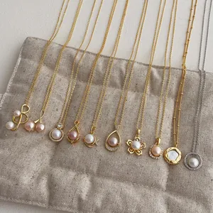 Elegant Freshwater Pearl Pendant Necklace For Women Alloy Gold Plated Chain Zirconia Inlaid Flower Cherry Clavicle Jewelry