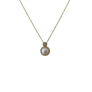 Elegant gold finish pearl necklace with tiered crystal pave pendants for women