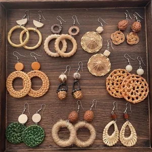 Bohemian handmade straw woven earrings set with natural wood and rattan for summer vacation