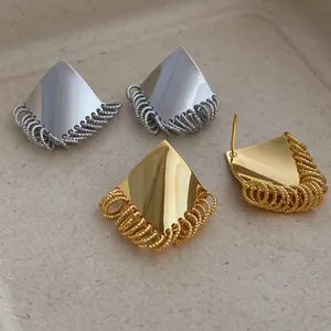 925 silver needle geometric pyramid stud earrings with metal fringe tassel in gold and silver