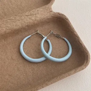 Close-up of light blue enamel hoop earrings with silver pins on a rustic textured tray